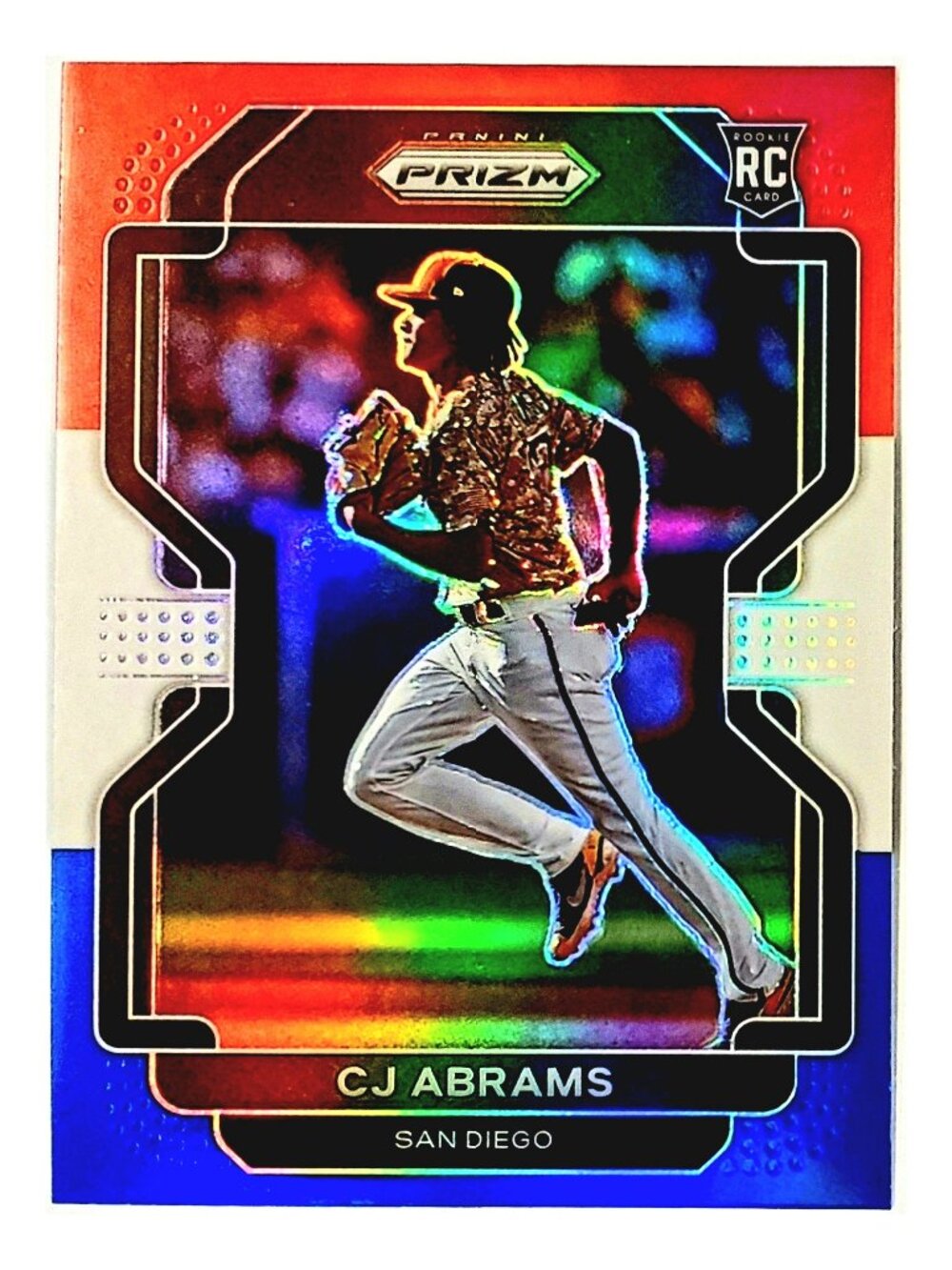 CJ ABRAMS ROOKIE RED WHITE AND BLUE HOLO 2022 PANINI PRIZM #12, SAN DIEGO PADRES
